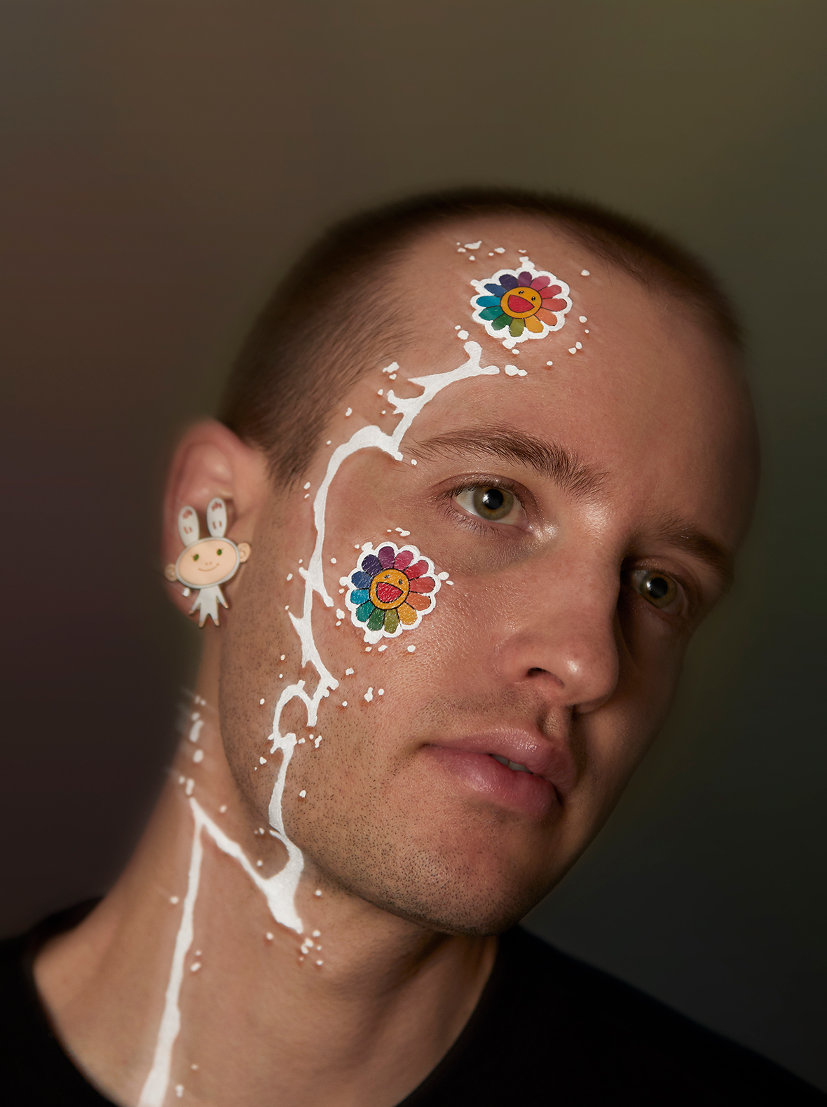 Jesse Clark from the neck up with a Takashi Murakami inspired makeup design